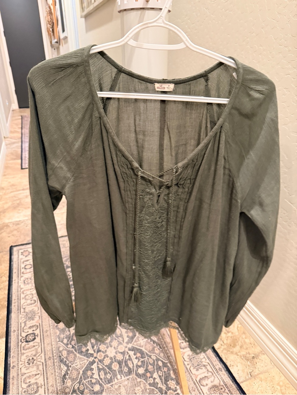 Hollister Olive Lace-Trim Tie-Front Peasant Blouse